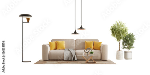 Fototapeta Naklejka Na Ścianę i Meble -  Front view sofa and plant in a living room on transparent background- 3D rendering