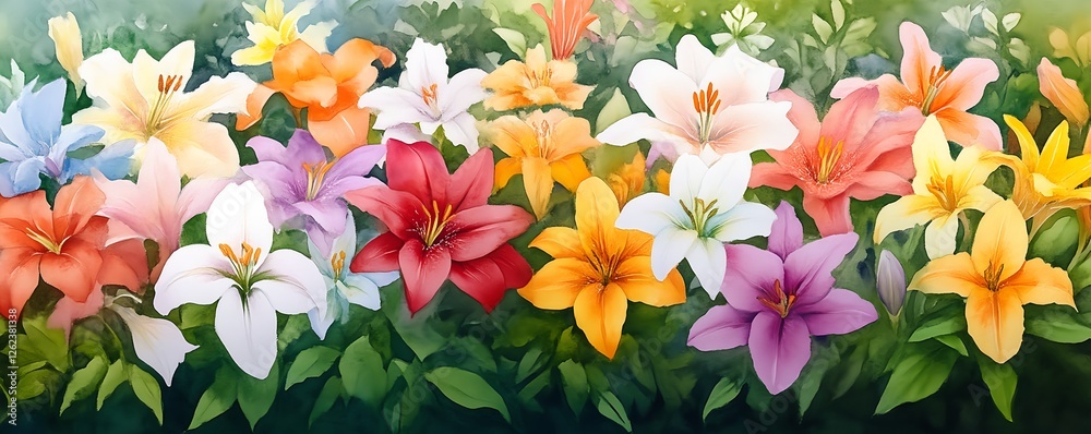 Watercolor Garden: A Symphony of Lilies in Full Bloom Watercolor Garden: A Symphony of Lilies in Full Bloom