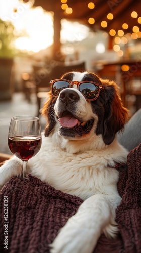 St. Bernard Dog Wearing Sunglasses Celebrating with a Glass of Red Wine in Outdoor Setting, Generative AI