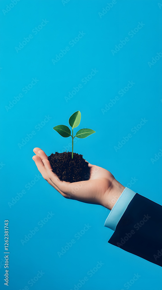A hand in a suit holding soil with a young plant
A hand in a suit holding soil with a young plant
