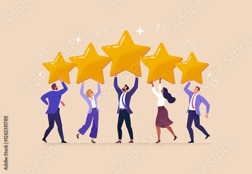 Employee Satisfaction Concept. Vector cartoon illustration in flat style of five diverse business people holding big golden stars. Isolated on background.