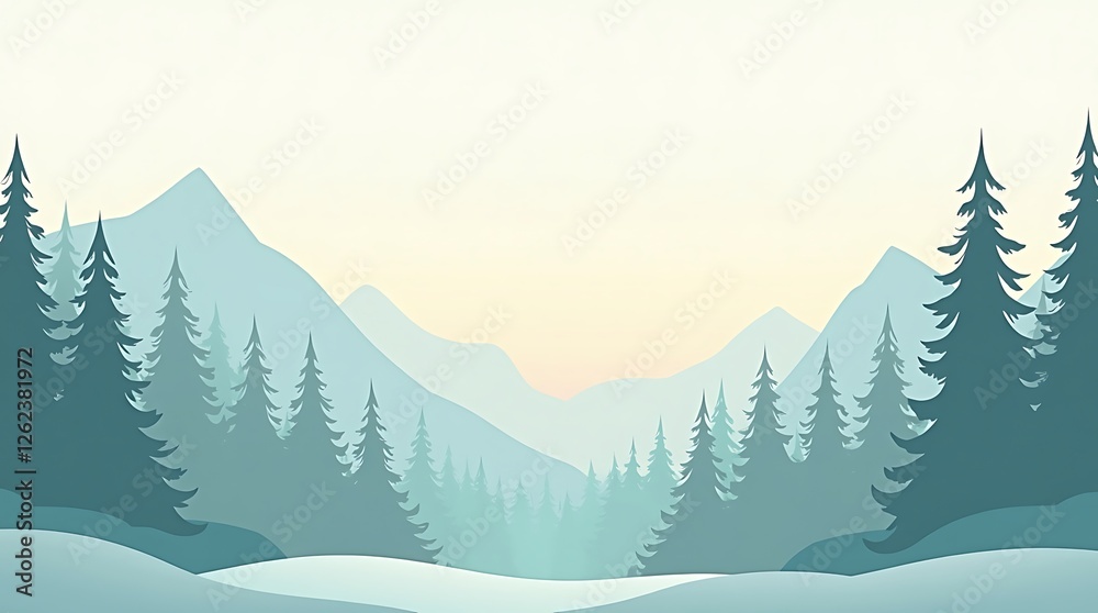 Fototapeta premium Serene Winter Mountain Landscape: A Misty Morning in the Coniferous Forest