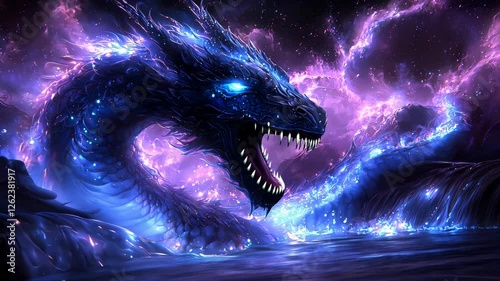 A blue dragon is swimming in a body of water with purple clouds in the background. The dragon is surrounded by a starry sky, giving the image a dreamy and mystical feel