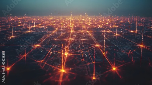 Aerial view of a glowing digital network with interconnected nodes representing the future of decentralized finance global communication systems and technological advancements