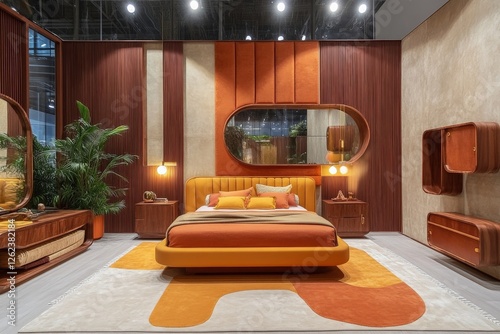 Modern bedroom design with warm colors and stylish furniture in a contemporary interior space at a design exhibition photo