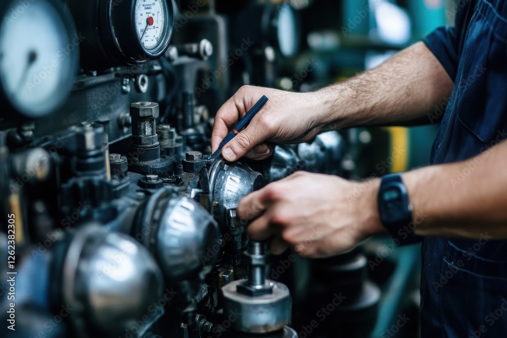 Technician Adjusting Industrial Machine Controls and Gauges Technician Adjusting Industrial Machine Controls and Gauges