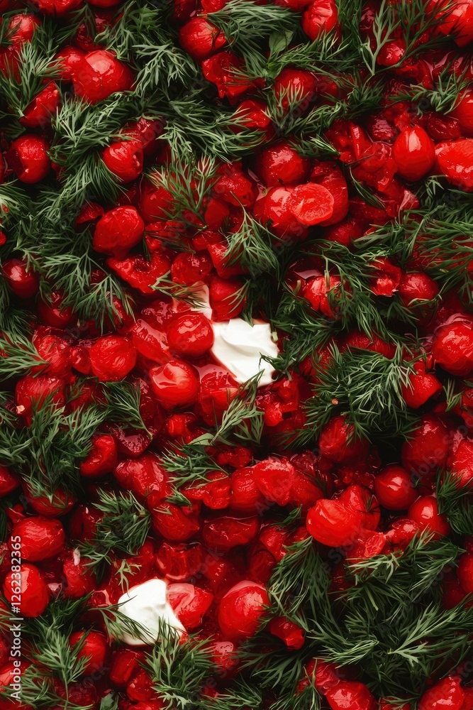 Cranberries and dill with sour cream. Dessert creation. High angle food shot Cranberries and dill with sour cream. Dessert creation. High angle food shot