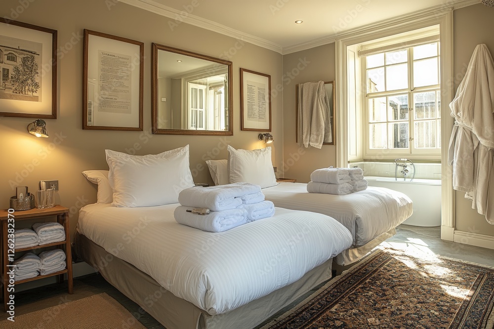 Fototapeta premium Cozy and elegant hotel room with twin beds and natural light in a serene location