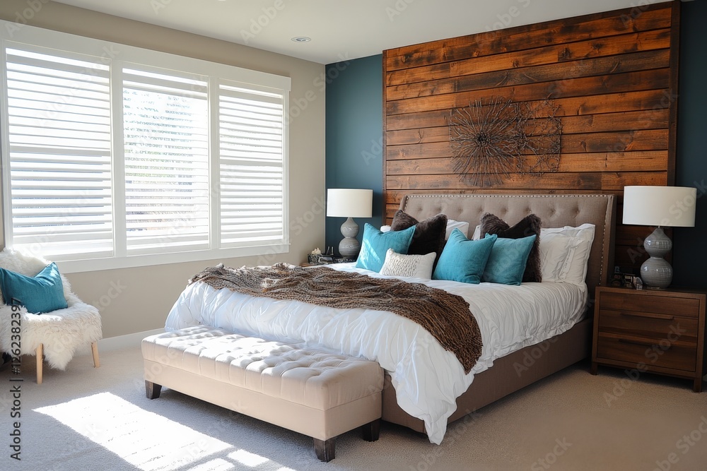 Obraz premium Cozy and modern bedroom design featuring wooden accent wall and stylish decor