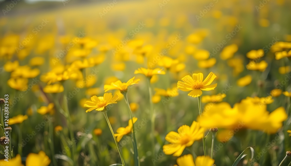 Vibrant yellow wildflower field, Golden meadow, Sunny countryside landscape, Close-up flower petals, Blurred background, Soft focus photography, Warm summer afternoon Vibrant yellow wildflower field, Golden meadow, Sunny countryside landscape, Close-up flower petals, Blurred background, Soft focus photography, Warm summer afternoon