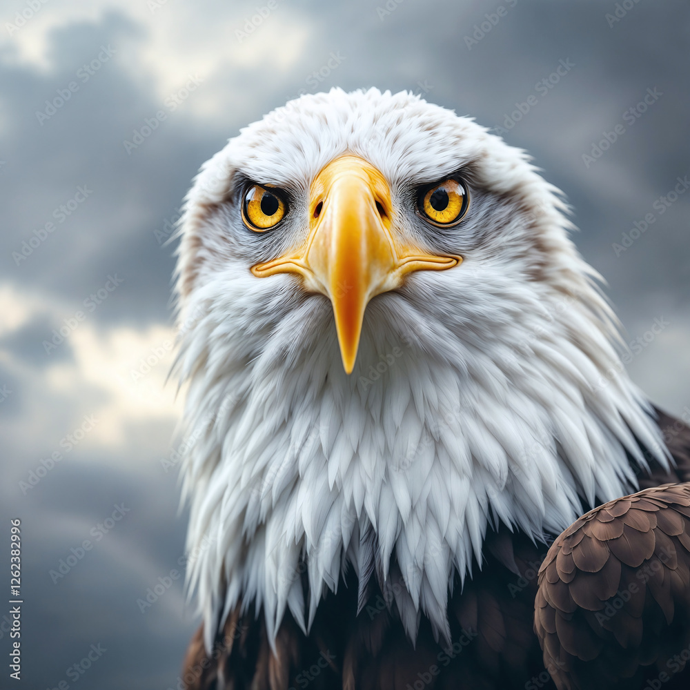 Fototapeta premium Majestic Bald Eagle with Fierce Expression Against Stormy Sky