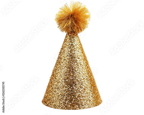 glittery gold party hat with fluffy pom pom on top, perfect for celebrations and festive occasions. This eye catching accessory adds fun touch to any party atmosphere