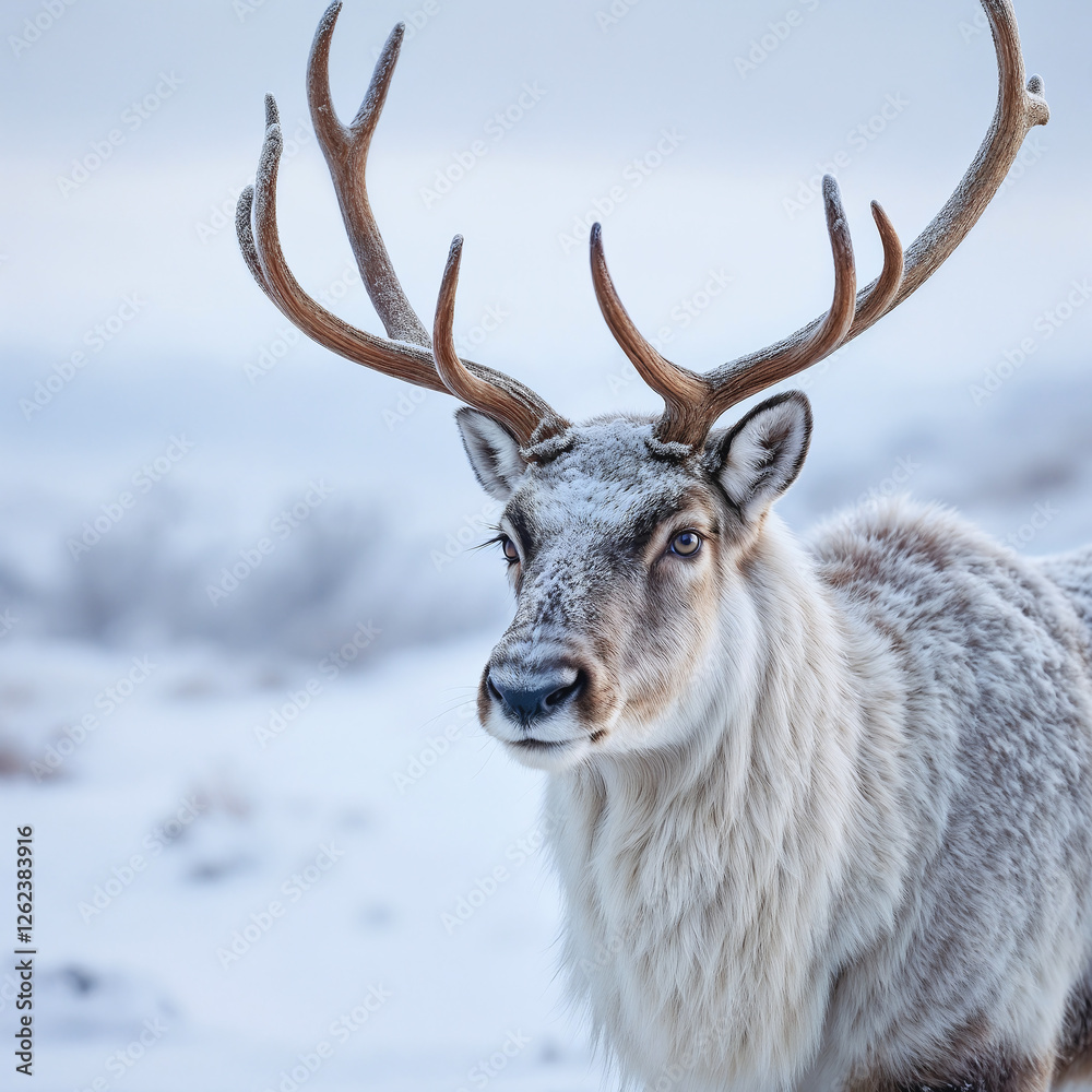 Majestic Reindeer with Frosted Antlers in Serene Snowy Landscape Majestic Reindeer with Frosted Antlers in Serene Snowy Landscape