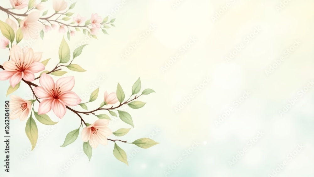 A beautiful, soft illustration of delicate spring leaves and flowers, designed with a gentle color palette and light bokeh, creating a peaceful ambiance, generate AI A beautiful, soft illustration of delicate spring leaves and flowers, designed with a gentle color palette and light bokeh, creating a peaceful ambiance, generate AI