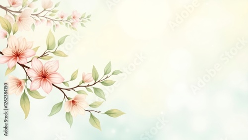 A beautiful, soft illustration of delicate spring leaves and flowers, designed with a gentle color palette and light bokeh, creating a peaceful ambiance, generate AI