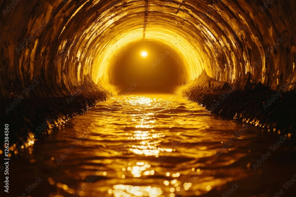 Obraz premium Water flows in illuminated tunnel for infrastructure, drainage, or environmental study