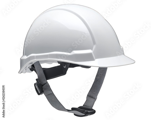 White construction helmet with adjustable chin strap for safety. Ideal for workers in various industries, ensuring protection on job sites