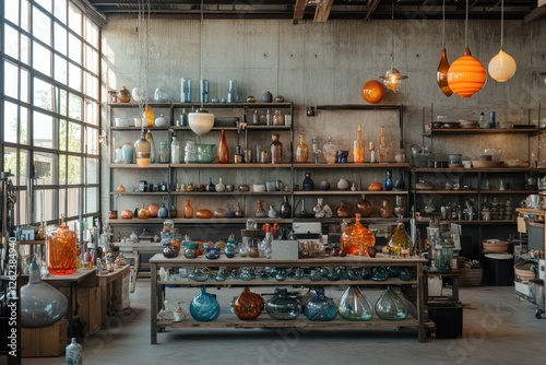 Traditional glassblowing studio with industrial furnaces and shelves filled with vibrant creations, warm lighting