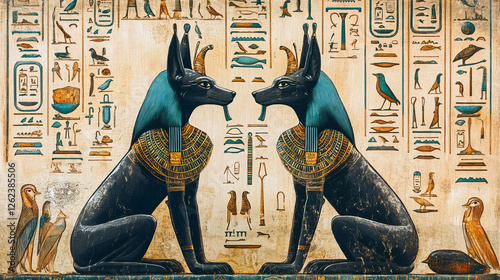 Ancient Egypt, travel souvenirs and historic antiquities, esoteric shop. Vector Egypt tourism and culture vintage retro poster with Anubis, Horus eye, scarab and Ankh cross symbol