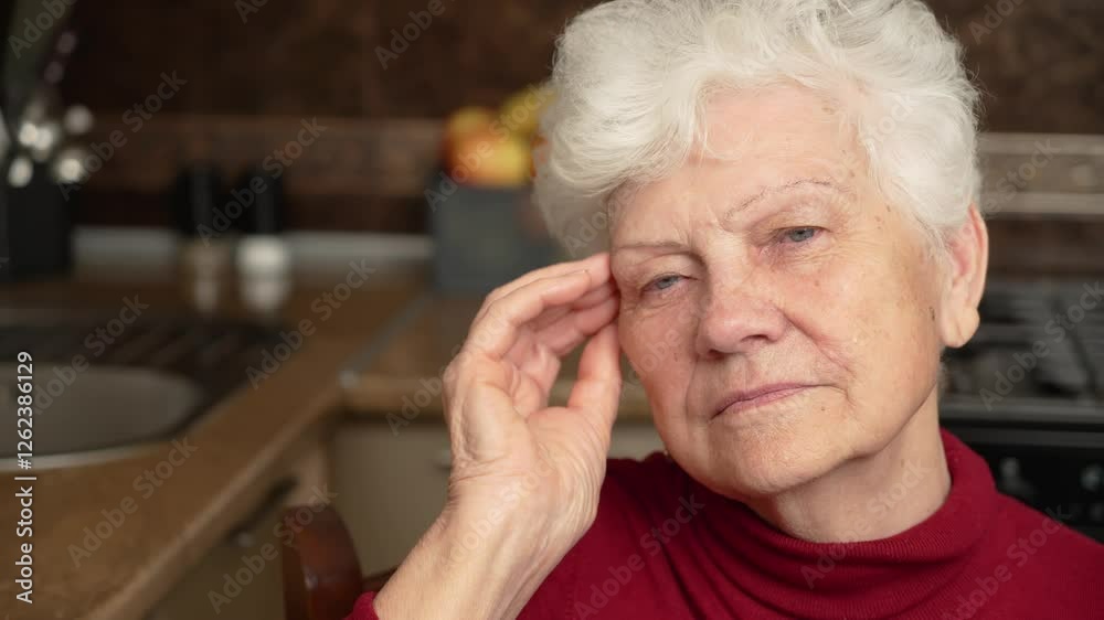Old woman massages forehead with hand. Elderly female hand and face close up. Portrait senior person at home in kitchen setting. Senior female with dry facial skin with wrinkles