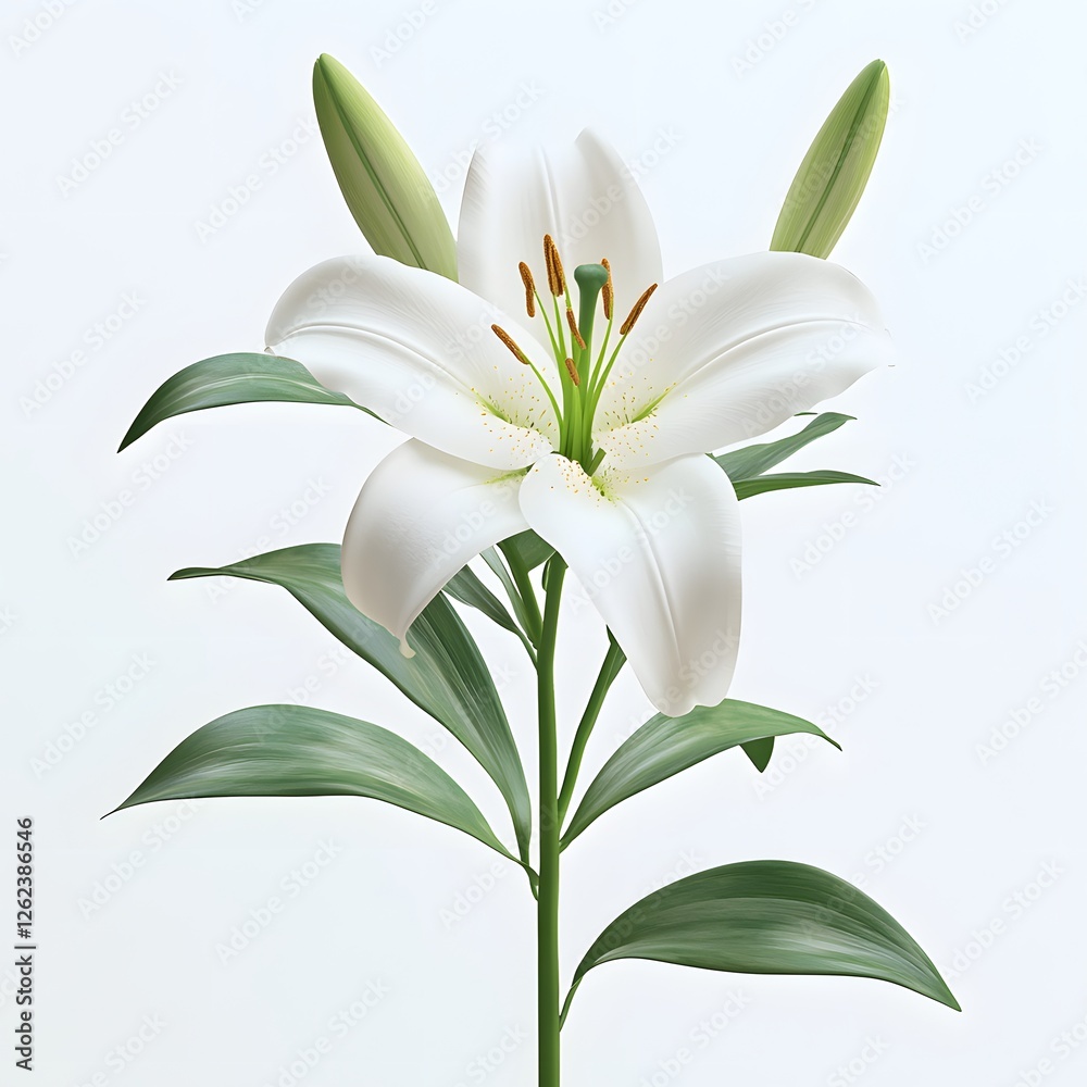 Fototapeta premium Elegant White Lily Blossom on Plain Backdrop, A Symbol of Purity