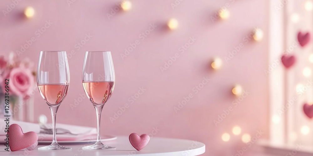 Romantic setting with pink wine glasses, heart decorations, and soft lighting Romantic setting with pink wine glasses, heart decorations, and soft lighting