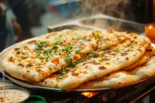 Wallpaper Mural Fresh garlic naan bread on a steel plate at a street food stall, ready to eat Torontodigital.ca