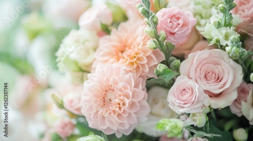 Beautiful floral arrangement featuring pink roses and dahlias in soft hues for a spring celebration