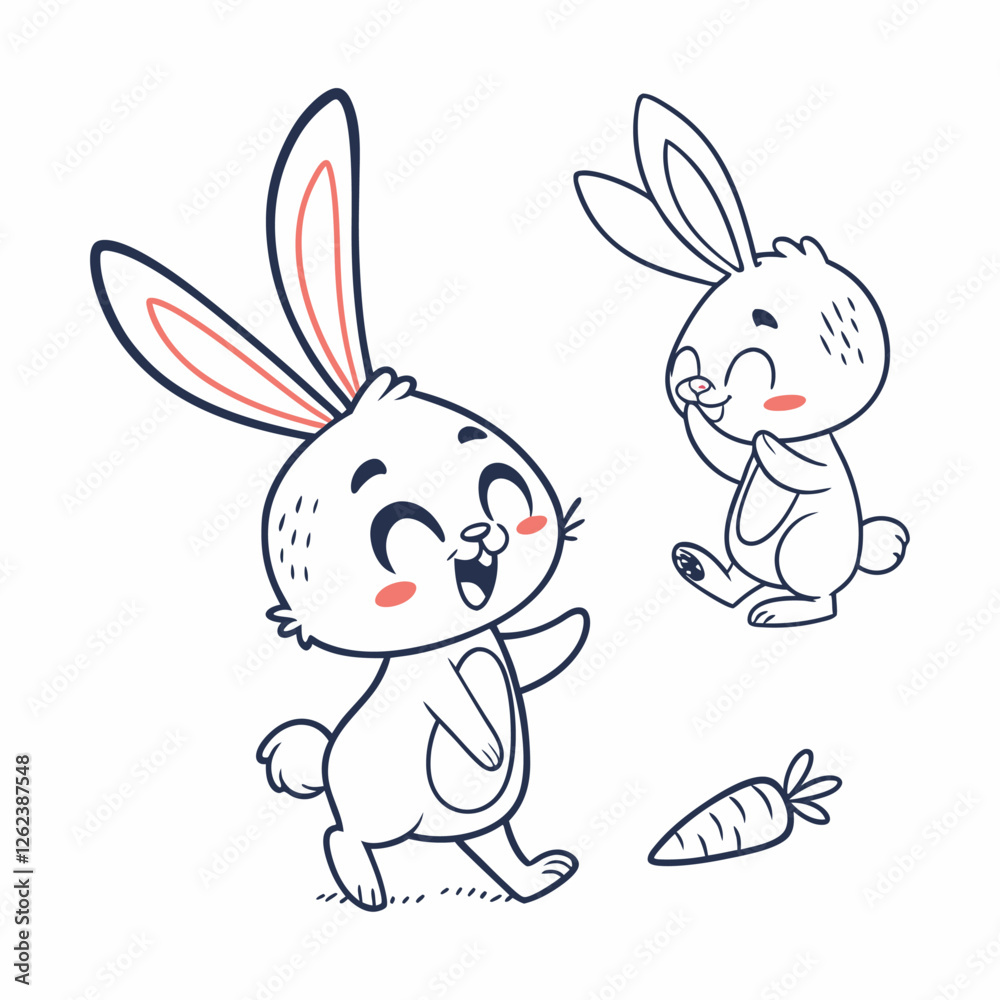 Fototapeta premium Cute bunny rabbit outline sketch vector illustration. Minimal bunny line art doodle in different poses