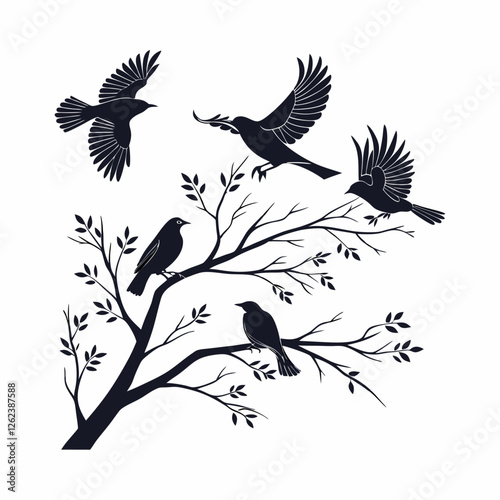 Set of bird silhouettes in various poses on white background.