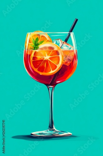 Retro poster of glass of Aperol Spritz cocktail on blue background.