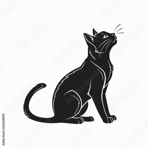 Silhouette of a sitting cat in profile on a transparent background.