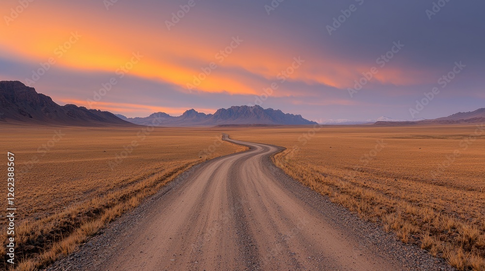 Naklejka premium Desert road winding towards mountains at sunset