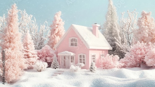 Beautiful pink winter house surrounded by snow-covered trees and delicate winter landscape
