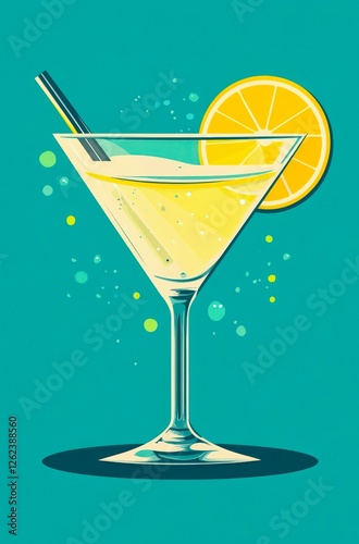 Retro poster of glass of Margarita cocktail on blue background.