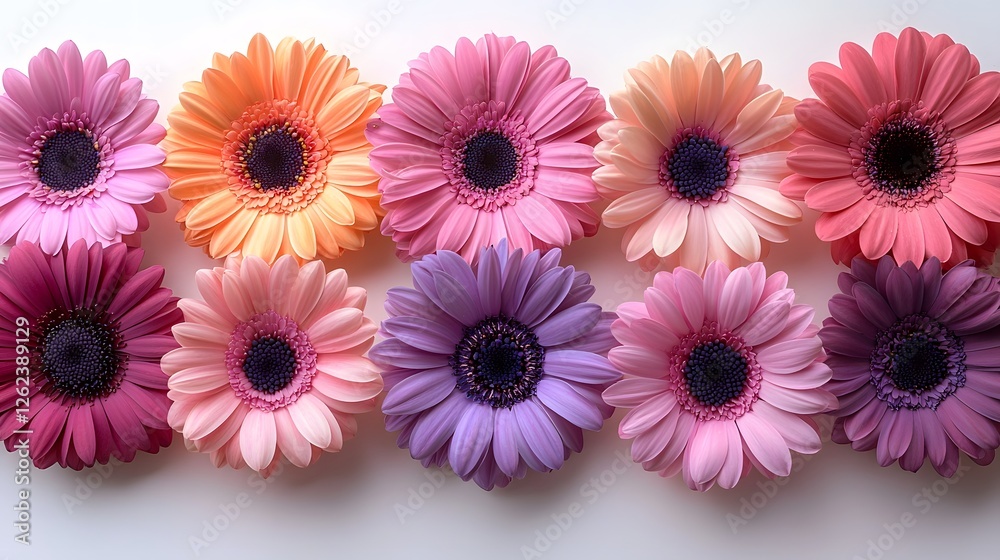Fototapeta premium Elegant pastel colored flowers artfully scattered on a clean white background captured in a top down view with soft natural lighting and high detail photography