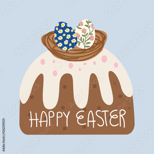 Easter cake set with glaze and sprinkles, chocolates and easter eggs for Spring holiday. Traditional dishes for Easter. Vector illustration of baking for the holiday