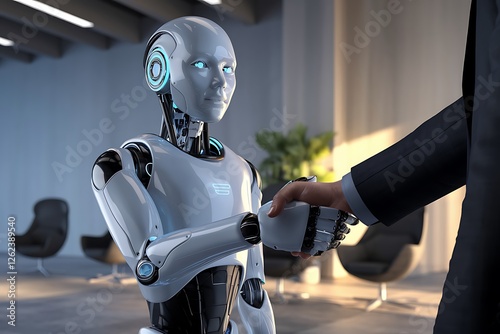 AI and Humanity Collaboration, Futuristic Robotic Handshake in Ultra HD