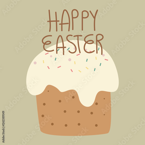 Easter cake set with glaze and sprinkles, chocolates and easter eggs for Spring holiday. Traditional dishes for Easter. Vector illustration of baking for the holiday
