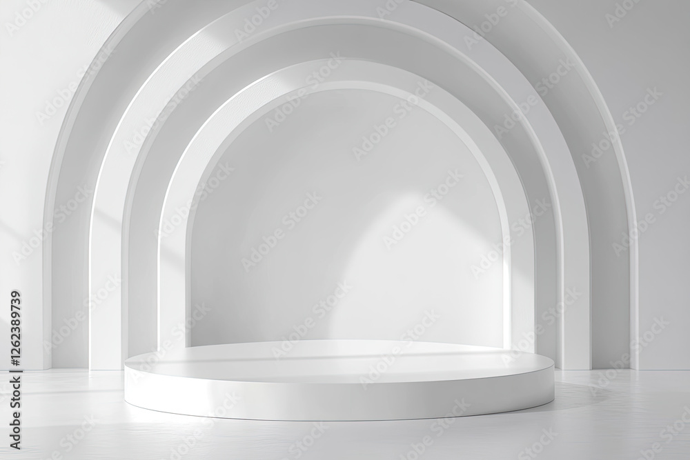 White arch display podium in sunlit room White arch display podium in sunlit room