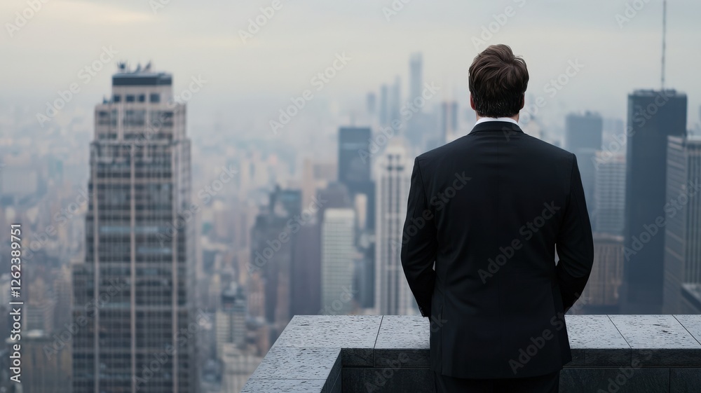 Leadership development strategy goal-setting concept. A businessman overlooking a city skyline from a rooftop. Leadership development strategy goal-setting concept. A businessman overlooking a city skyline from a rooftop.