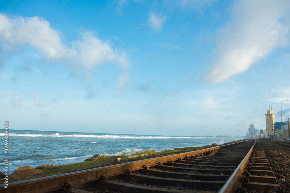 Fototapeta premium The coastal city and train tracks are located in Sri Lanka.