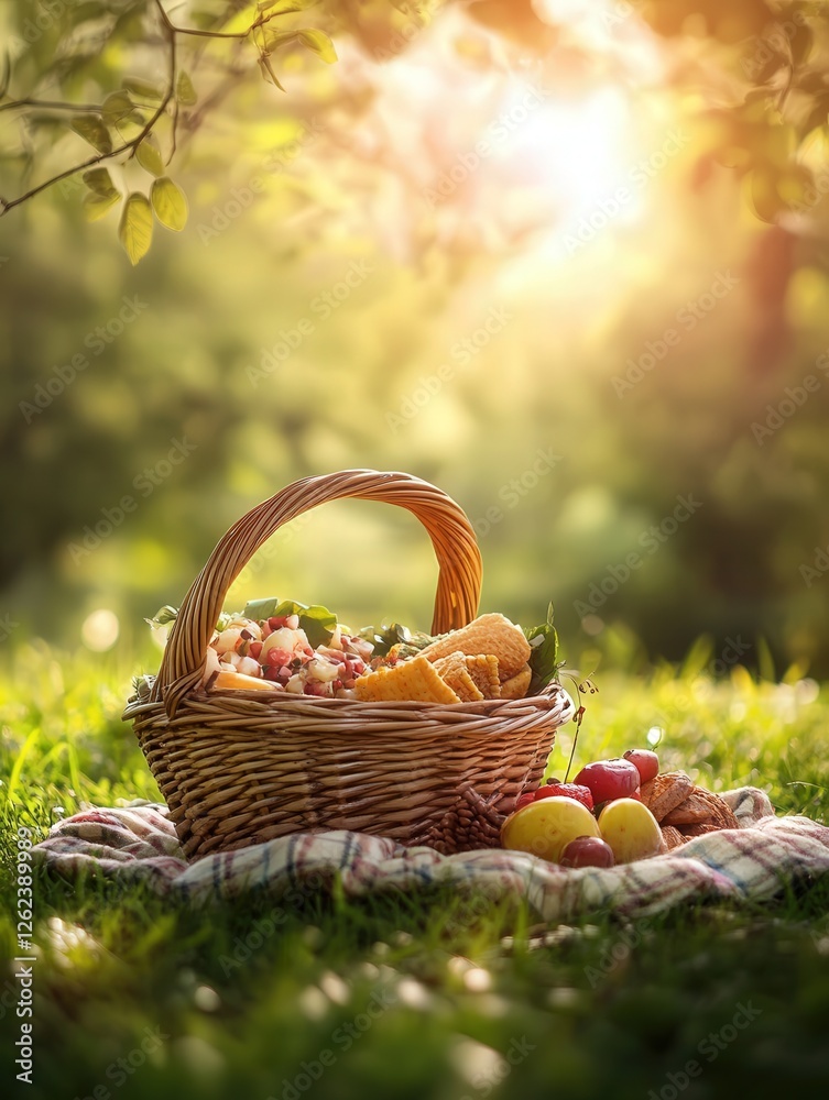 wicker food basket on a soft mat, showcasing colorful snacks and a grassy background bathed in sunlight wicker food basket on a soft mat, showcasing colorful snacks and a grassy background bathed in sunlight