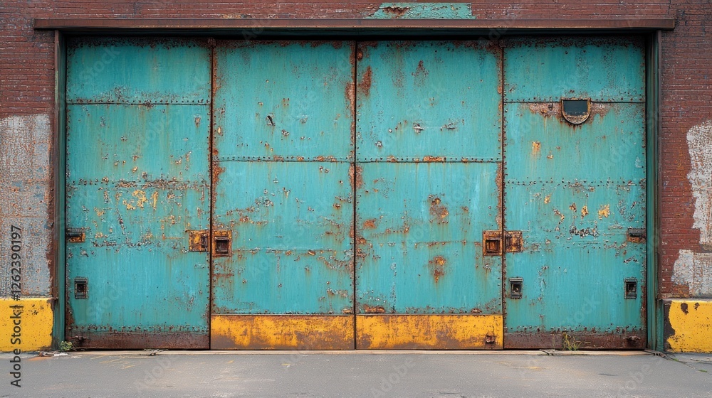 Naklejka premium Rusted teal warehouse doors, urban industrial background, closed, exterior use