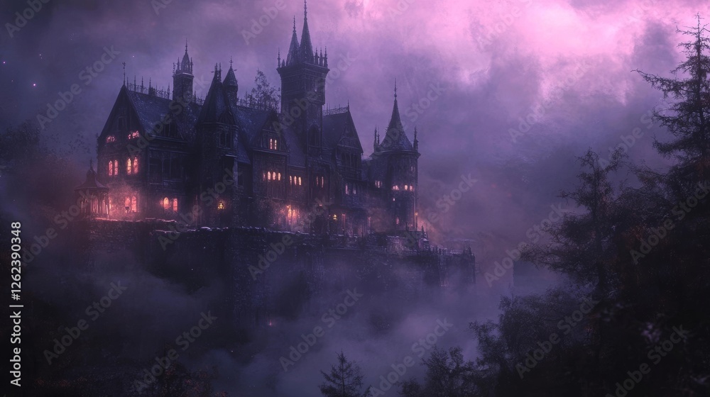 Mysterious castle illuminated by twilight in a foggy landscape filled with eerie atmosphere and shadows Mysterious castle illuminated by twilight in a foggy landscape filled with eerie atmosphere and shadows