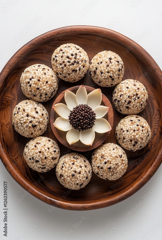 Obraz premium Delicious round treats made from sweetened rice and sprinkled with sesame seeds arranged on a wooden plate with a decorative flower centerpiece