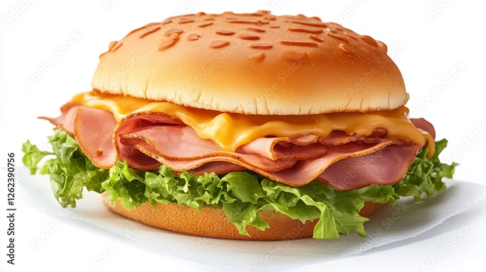 Delicious sandwich stacked with layers of ham, cheese, and fresh lettuce on a toasted bun ready to be enjoyed Delicious sandwich stacked with layers of ham, cheese, and fresh lettuce on a toasted bun ready to be enjoyed