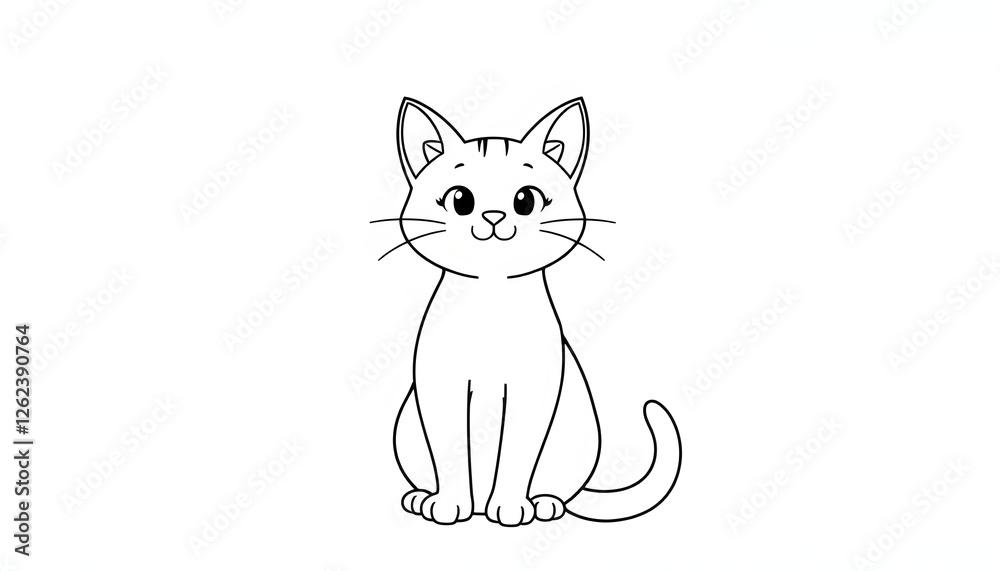 Obraz premium Cute cartoon sitting cat line art drawing. Funny kitten black and white outline. Simple hand drawn illustration. with white shades
