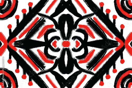 Traditional background cloth pattern. Old era. Indian, Mexican, Middle Eastern style. Red, black, white.