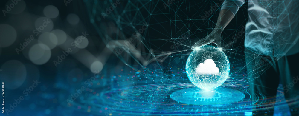 A conceptual image showcasing cloud computing and digital transformation, featuring a futuristic network visualization with a glowing cloud symbol, representing data storage